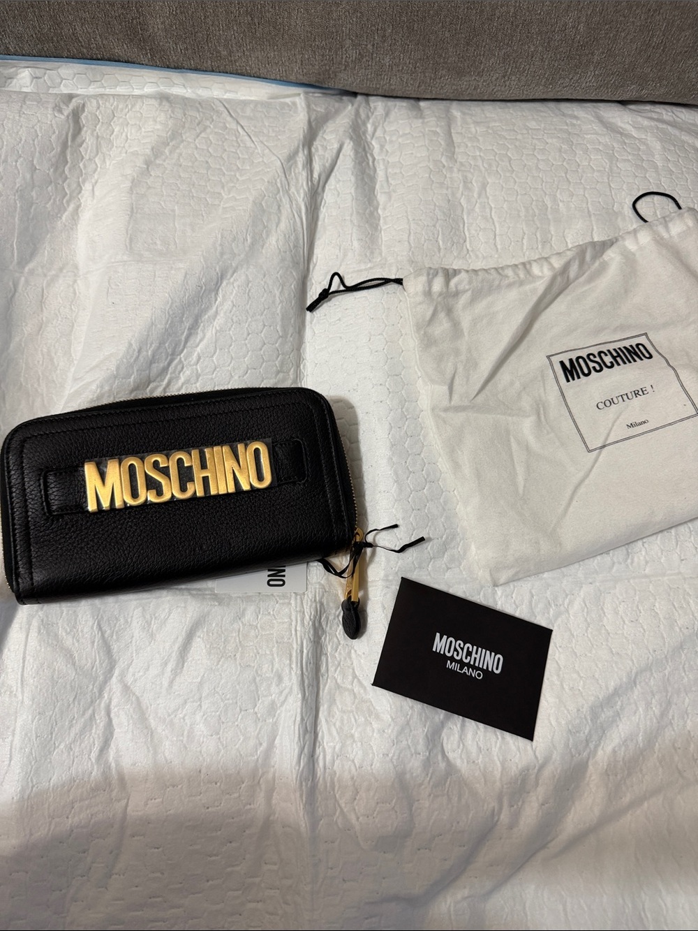 Moschino Black Leather Zip-Around Wallet with Gold Logo Plaque